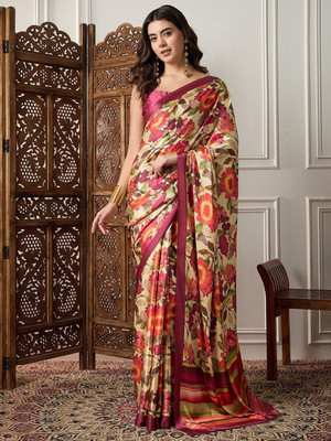 Sangria Printed Daily Wear Satin Saree(Beige)