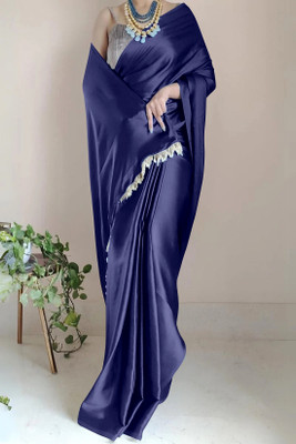 LADY SHOPI Solid/Plain Bollywood Satin Saree(Dark Blue)