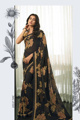 MEETVIN COUTURE Printed, Self Design, Digital Print, Embroidered, Floral Print, Solid/Plain Bollywood Georgette, Chiffon Saree(Black)