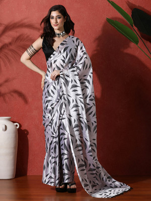 Sangria Printed Saree with Attached Blouse Satin Saree(Grey)