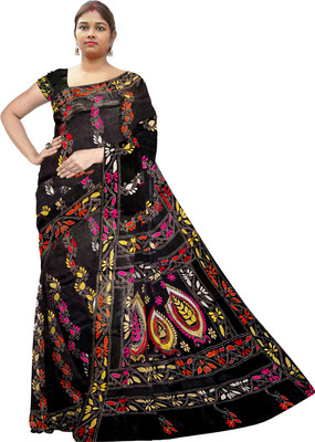 SHRISTI CLOTHINGS Printed Kantha Silk Blend Saree(Black)
