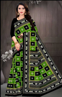 RAANAS Floral Print, Printed, Temple Border Sambalpuri Pure Cotton Saree(Green)