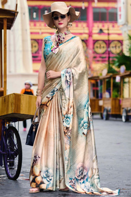 Sukaaj Floral Print Sambalpuri Satin Saree(Cream)