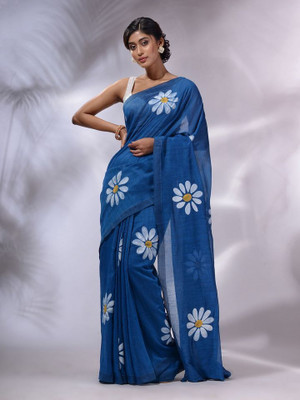 Aika Floral Print Daily Wear Linen Saree(Blue)