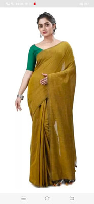 BiswasTextiles Solid/Plain Handloom Cotton Blend Saree(Yellow)