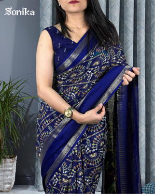 Femane Printed Ikkat Cotton Silk Saree(Dark Blue)