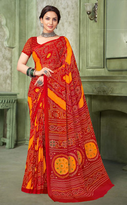 The Fashion Attire Geometric Print Bandhani Chiffon Saree(Red)