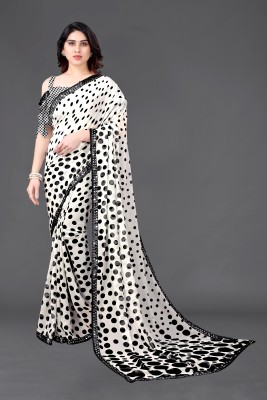 SARETRA MALL Polka Print Bollywood Georgette Saree(White, Black)