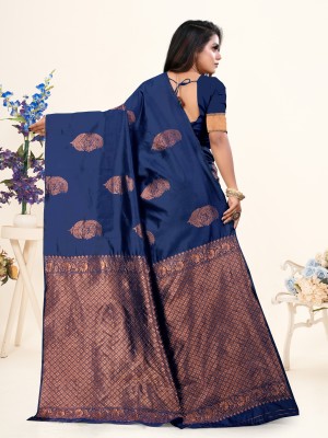 TUSHREE BOUTIQUE Floral Print Banarasi Silk Blend Saree(Dark Blue)