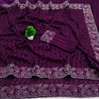 SOJITRA IMPEX Embellished Banarasi Chiffon Saree(Purple)