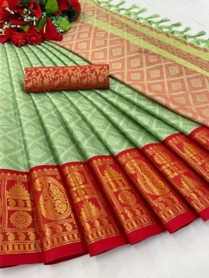 FashionPallavi Woven Narayanpet Cotton Silk, Jacquard Saree(Light Green, Red)