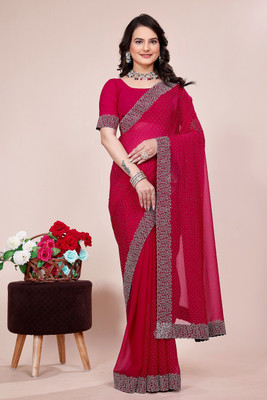 SAADHYA CREATION Embroidered, Solid/Plain Bollywood Georgette Saree(Maroon)