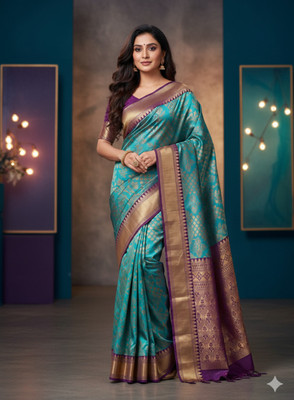 SHOOBHA Applique, Woven Banarasi Art Silk Saree(Blue, Dark Blue)