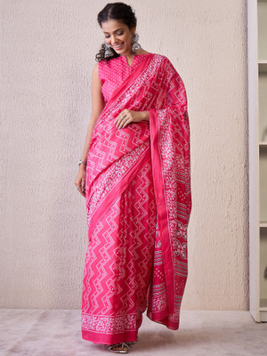 Tasrika Printed Pochampally Cotton Blend Saree(Pink)