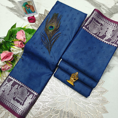 Poontamil soft Silk Woven, Temple Border, Embellished, Self Design Kanjivaram Polyester Saree(Dark Blue, Silver)