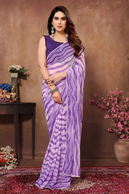 Action Oriented Striped Leheria Georgette Saree(Purple, White)