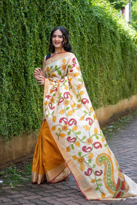 Rashmiwala Floral Print Daily Wear Tussar Silk Saree(Yellow, Orange)