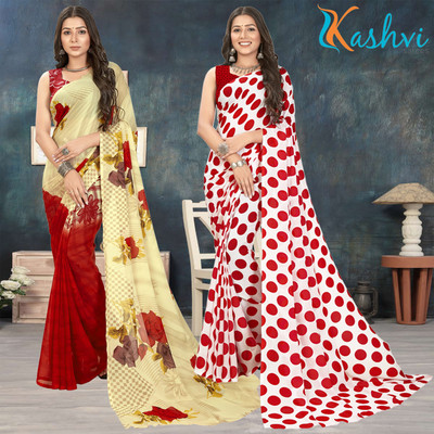 kashvi sarees Floral Print Daily Wear Georgette Saree(Pack of 2, Pink, Beige, Multicolor)