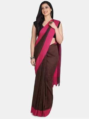 AjoyDas Self Design Handloom Pure Cotton Saree(Brown)
