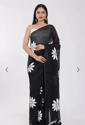 Myraani Printed Bollywood Cotton Linen, Art Silk Saree(Black, White)