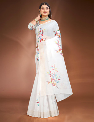 HouseOfCommon Printed Kanjivaram Pure Cotton, Chanderi Saree(White)