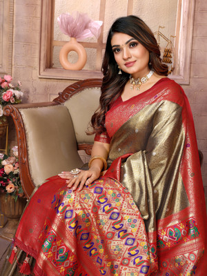 Tasrika Self Design Paithani Pure Silk Saree(Maroon, Red)