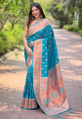 Tasrika Woven Paithani Silk Blend Saree(Light Blue)