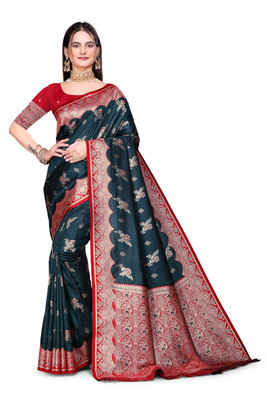 GHODTEXTILE Woven, Self Design, Floral Print, Temple Border Banarasi Pure Silk Saree(Dark Blue)