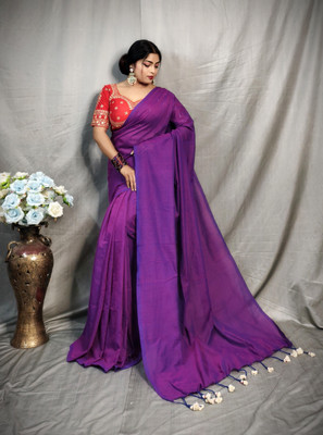 RIDDHIMAN FASHION Solid/Plain Handloom Pure Cotton Saree(Purple)