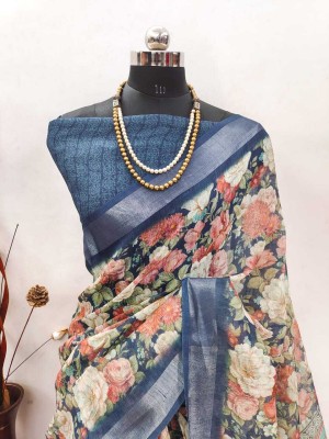 AARAANA Floral Print, Self Design, Striped Kanjivaram Linen, Cotton Linen Saree(Multicolor)