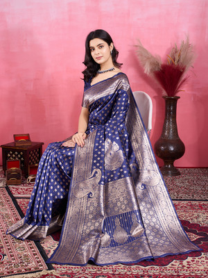 SIDDHESHWAR Self Design Assam Silk Lycra Blend Saree(Blue)