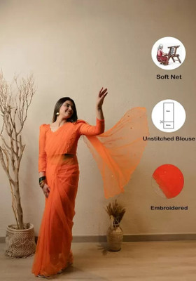 Leelavati Embellished, Embroidered, Self Design Bollywood Net Saree(Orange)