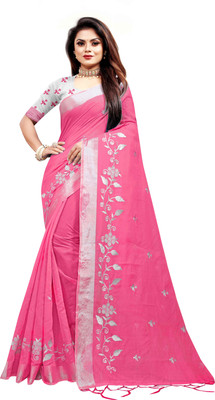 GLOWMOROUS Embroidered Bollywood Chanderi, Cotton Silk Saree(Pink)