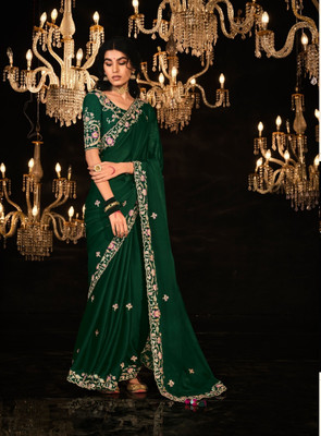 Rukmini by Rajendra Dyed Bollywood Polyester Saree(Dark Green)