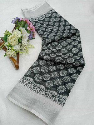 HouseOfCommon Printed Banarasi Cotton Linen, Linen Saree(Black)
