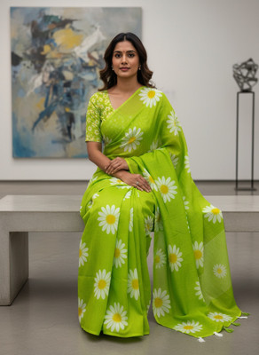 Hema Silk Mills Digital Print, Floral Print Bollywood Linen Saree(Green)
