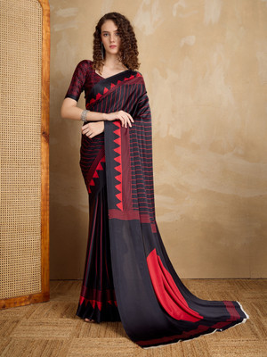 sareya veela Printed, Geometric Print Bollywood Satin Saree(Black, Red)