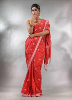 Pal Handloom Floral Print, Striped Handloom Cotton Blend Saree(Red)