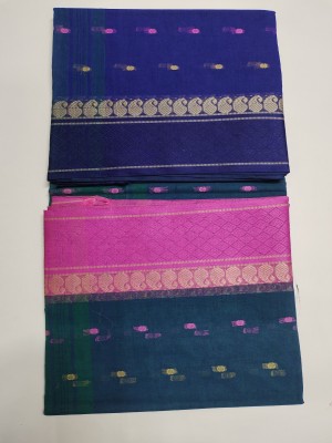 TanaPoren Self Design Tant Pure Cotton Saree(Dark Blue, Pink)