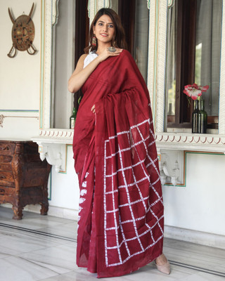 Elbwear Printed Ikkat Pure Cotton Saree(Maroon)