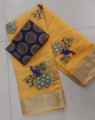 MITRACREATION Self Design Chanderi Cotton Silk Saree(Yellow)