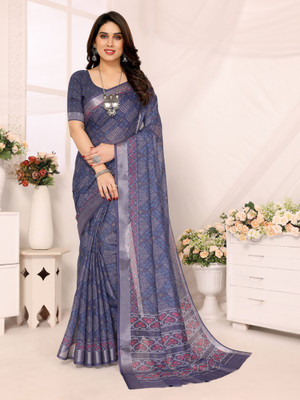 Soor Panchi Floral Print Bollywood Cotton Linen Saree(Blue)