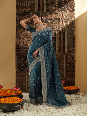 KASEE Embellished Chanderi Silk Blend Saree(Dark Blue)
