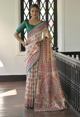 Tasrika Printed Madhubani Tussar Silk Saree(Beige, Green)