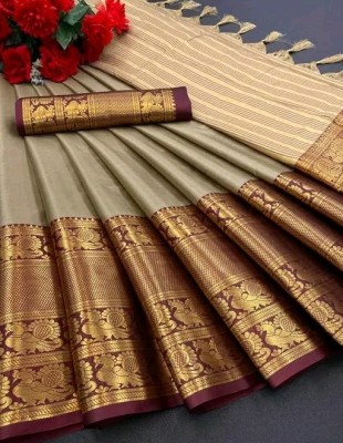 MAHADEV ENTERPRISE Woven Banarasi Cotton Blend, Silk Blend Saree(Brown)