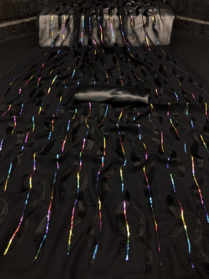 PRATYAMFASHION Embroidered, Embellished, Striped, Self Design Bollywood Georgette Saree(Black)