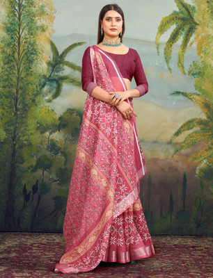 VISHNU Printed Kanjivaram Pure Cotton, Cotton Linen Saree(Maroon)
