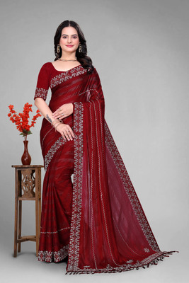 VEERAIVA Embellished Bollywood Chiffon Saree(Maroon)