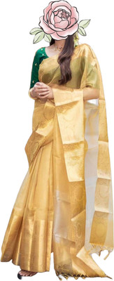 Haniya creation Woven, Solid/Plain Banarasi Tissue Saree(Gold)