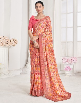 Samah Geometric Print, Printed, Embellished Bollywood Chiffon, Georgette Saree(Orange, Yellow, Multicolor)